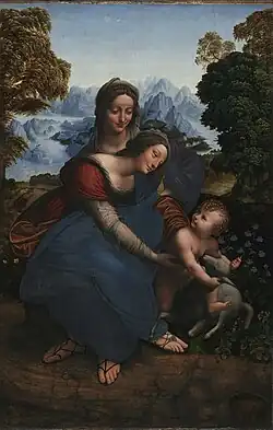Tableau représentant une femme assise sur les genoux d'une autre qui tend les bras vers un bébé jouant avec agneau (Tableau identique à celui du Louvre).