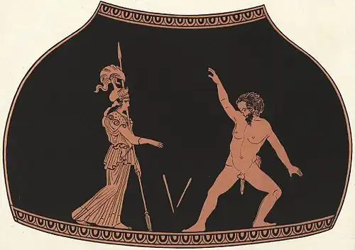 Athéna et Marsyas sur un vase attique à figures rouges, vers 440. (Berlin 2418). Dessin de Gustav Hirschfeld, 1872.