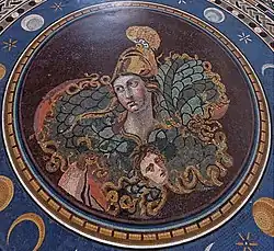 Athéna à l'égide. Mosaïque romaine du IIIe&nbsp;siècle entourée d'un cadre du XVIIIe&nbsp;siècle. Pavement de la salle en croix grecque.