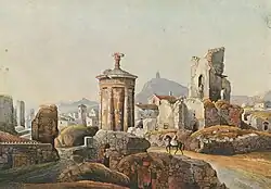 Athènes. Le Monument chorégique de Lysicrate et le quartier ruiné de Fanari, depuis le Nord-Est.