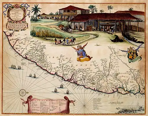 Carte de Pernambouc Nord datant d'entre 1630 et 1654. Atlas van der Hagen&nbsp;(nl), Bibliothèque royale (Pays-Bas).  L'illustration montre le travail des esclaves africains dans les plantations.