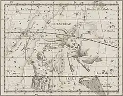 Dessin d'une constellation d'étoiles avec la représentation d'un taureau en filigrane.