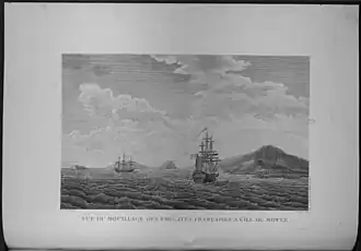 Vue du mouillage des frégates françaises à l'île de Mowée.