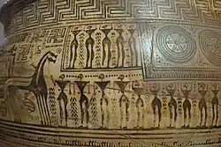 Cratère attique, 750-735. Peintre de Hirschfeld. Ekfora (convoi funèbre) sur un chariot, femmes en deuil et hommes armés d'épées.Musée national archéologique d'Athènes