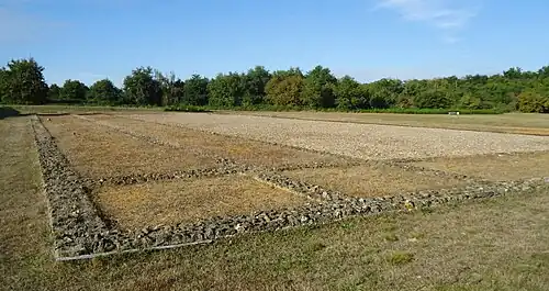Photographie en couleurs de murs antiques arasés dessinant une cour bordée de galeries.