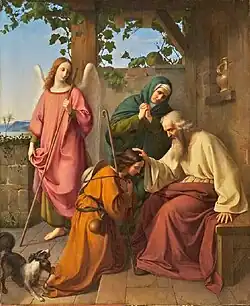Peinture représentant un vieillard aveugle qui bénit son fils agenouillé, devant une femme qui prie et un ange qui observe la scène.