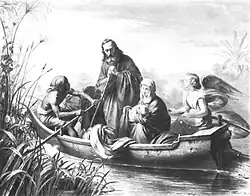 Un groupe de personnages naviguent sur une barque le long d'un cours d'eau : un jeune homme est en train ramé à l'avant de l'embarcation; à sa droite, un homme barbu, qui se tient debout et s'appuie sur un bâton, regarde une femme qui est assise à ses cotés et tient un enfant en bas-âge dans ses bras, et en poupe un ange tient le gouvernail.