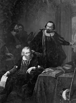 Peinture où l'on voit un homme assis à une table tenant un papier dans sa main droite, la tête légèrement tournée en arrière, vers un autre homme debout avec qui il semble discuter.