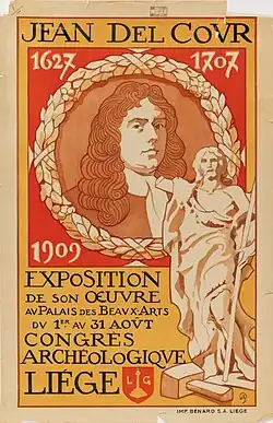 Affiche couleur annonçant l'exposition sur Jean Del Cour de 1909. On observe de fond un portrait de l'artiste et en premier plan à droite une statue de Saint Jean-Baptiste.