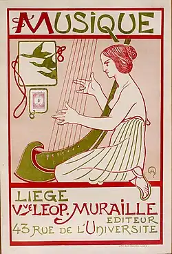 Affiche couleur d'une femme, vêtue comme dans l'antiquité, qui joue de la harpe.