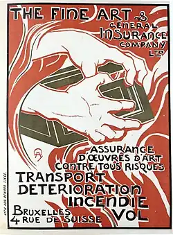 Affiche couleur annonçant The Fine Art and General Insurance Company L.T.D. On y voit sur un fond d'arabesques rouges deux mains qui se saisissent d'une boîte ou une coffre.