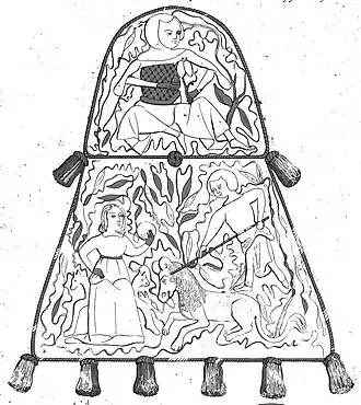 Dessin en noir et blanc d'une aumônière richement décorée.