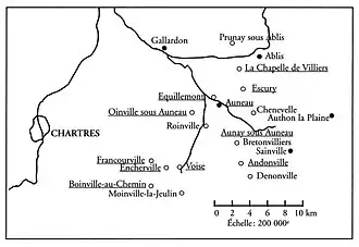 Villages qui dépendent de la baronnie d'Auneau.