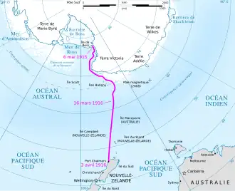 Carte montrant la dérive du navire de la mer de Ross à la Nouvelle-Zélande.