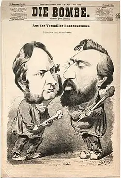 Dessin de presse montrant deux hommes vêtus de blouse, chaussant des sabots et tenant chacun un gourdin.