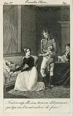 Anne à genoux auprès d'un enfant blessé, regarde celui qui vient de la débarrasser de l'enfant qui la gênait.