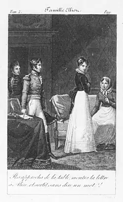 Gravure. Une femme debout tourne la tête vers un jeune officier qui la regarde et montre une lettre sur une table
