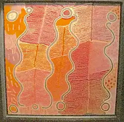 Le rêve du serpent liane, Maggie Napangardi Watson (Désert australien), 1990. Acrylique sur toile, 92 x 92 cm. Musée du quai Branly.