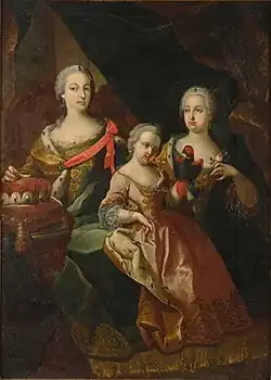 3 Archiduchesse Marie-Thérèse portant la Couronne archiducale avec ses sœurs Marie-Anne avec une rose et Marie-Amélie avec un perroquet, vers 1730.