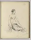 Autographe, dessin réalisé par Augustin-Jean Moreau-Vauthier dans le Livre d'or de Stop en 1877, représentant une femme nue idéalisée.