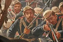 Peinture en couleurs. Un soldat habillé en bleu et coiffé d'une casquette beige s'avance les yeux écarquillés vers le spectateur, fusil à la main, tandis qu'il est entouré d'autres soldats en action.