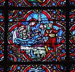 L'adoration des bergers, vitrail de la chapelle de la Vierge (première moitié du XIIIe&nbsp;siècle).