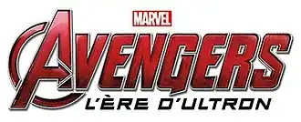 Les mots "AVENGERS" en rouge, "L'ERE D'ULTRON" en noir en dessous en plus petit et "MARVEL" en blanc sur rouge au-dessus en petit, le tout en capitales, sur fond blanc