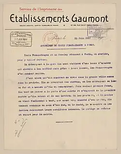 Texte dactylographié sur une feuille à l'en-tête des Établissements Gaumont.