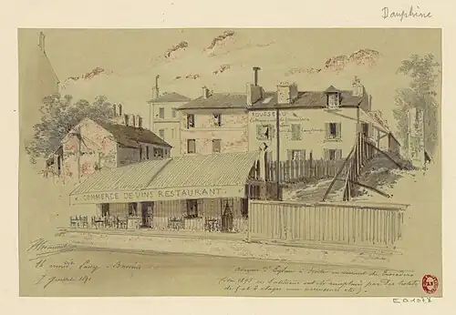 Bâtiments à droite en venant du Trocadéro tels qu'ils apparaissaient en 1891, avant leur remplacement par les immeubles actuels en 1893 (dessin de Jules-Adolphe Chauvet).