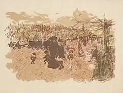 Lithographie figurant des silhouettes de femmes et d'enfants avec quelques véhicules dans un paysage.