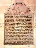 Plaque de fondation de Messire Gille de La Rue.