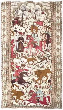 La broderie de soie avec des motifs de chasse datant du XVIIe siècle, Tabriz, Azerbaïdjan