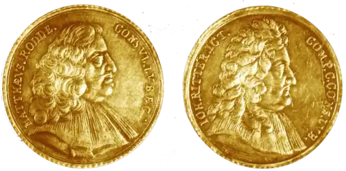 Pièce commémorative en or représentant le précédent Matthäus Rodde (à gauche) et Johannes Ritter (à droite), lequel la fit frapper en 1669 lorsqu'il fut élu maire de Lübeck, et en hommage à son ami.