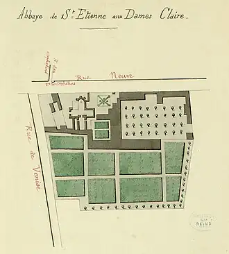 Les bâtiments sur un plan du XVIIIe&nbsp;siècle, bibliothèque Carnegie (Reims).