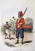 Type d'infanterie indienne (First Madras) à la fin du XIXe&nbsp;siècle. Les contingents indiens constituèrent l'essentiel des forces engagées dans les guerres anglo-birmanes et dans les opérations de pacification qui suivirent.