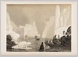 Lithographie du débarquement en Terre Adélie de navigateurs.