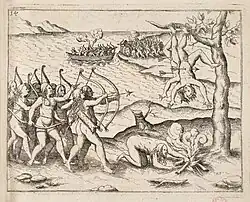 Les guerrières sont représentées nues, grandes, musclées, aux cheveux longs, munies d’arcs et de flèches et exécutant leurs prisonniers. En arrière plan, des navires accostent sur leur terre.