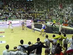 Les joueurs du BM Ciudad prêts à exulter lors de la finale retour de la Ligue des champions 2005-2006.