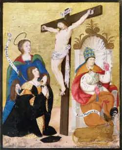 François d'Angoulême en prière devant le Christ en croix. Derrière le duc de Valois figure sa protectrice Sainte Agnès, en référence au jour de la Sainte-Agnès qui voit Anne de Bretagne accoucher d'un fils mort‑né, le 21 janvier 1512. François demeure ainsi le seul héritier du trône. Enluminure, 1512, Paris, BnF, Ms. Latin 8396, fo&nbsp;1&nbsp;vo.