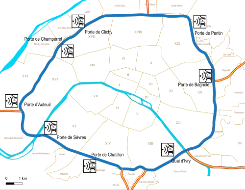 Carte localisant les radars. 4 sur le périph intérieur, 4 sur l'extérieur