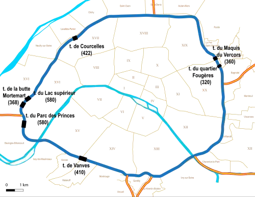 Schéma localisant les 7 tunnels de plus de 300 m (5 dans la partie gauche, 2 à droite)