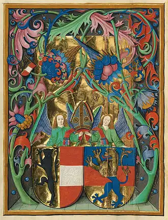 Armoiries de l'archidiocèse de Salzbourg et de l'évêque Johann Beckenschlager.Missel de Salzbourg, t. I (1478-1489). Bibliothèque d'État de Bavière, Munich, Clm 15708, fol. 2v.