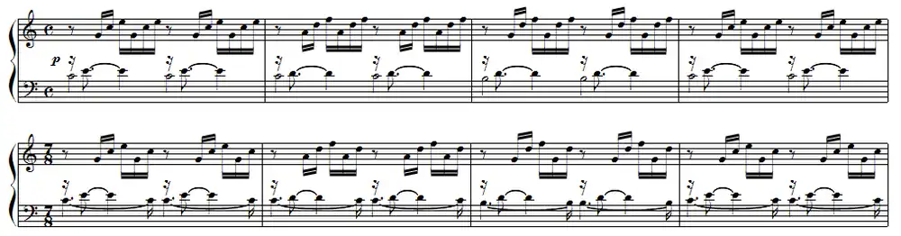 Partition pour piano, Bach en haut à 4 temps, version à 7 temps par Alexandre Astier en bas