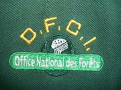 Écusson d'épaule brodé à 6 cm en dessous de la couture d'épaule gauche et porté par les employés de l'O.N.F sur le polo Défense des Forêts Contre l'Incendie (DFCI) à partir des années 2000.