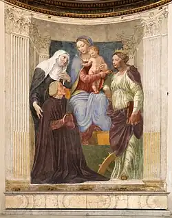 Fresque de la chapelle Ponzetti de Baldassarre Peruzzi, Vierge à l'Enfant entre sainte Brigitte, sainte Catherine et le donateur Ferdinando Ponzetti.