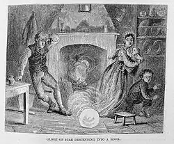 Gravure en noir et blanc présentant un intérieur du XIXe&nbsp;siècle dans lequel circule une boule de feu à la vue d'une famille affolée.
