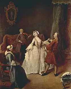 Pietro Longhi, v. 1740. La leçon de danse. Huile sur toile, 60&nbsp;×&nbsp;49&nbsp;cm. Galerie de l'Académie