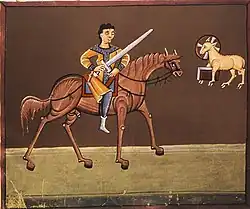 Miniature médiévale montrant un cavalier armé d'une épée sur un cheval roux.