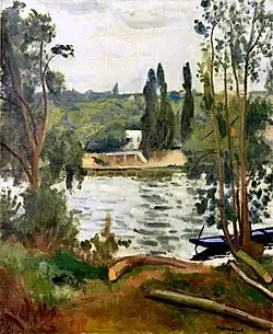 Peinture montrant par temps gris un coin de rivière avec berge et arbustes au premier plan et verdure abondante de l'autre côté