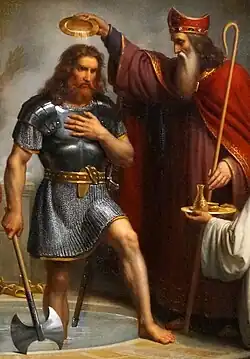 Tableau du XIXe&nbsp;siècle illustrant le baptême de Clovis, évènement mis en valeur par un roman national repris par le discours sur les racines chrétiennes de la France.